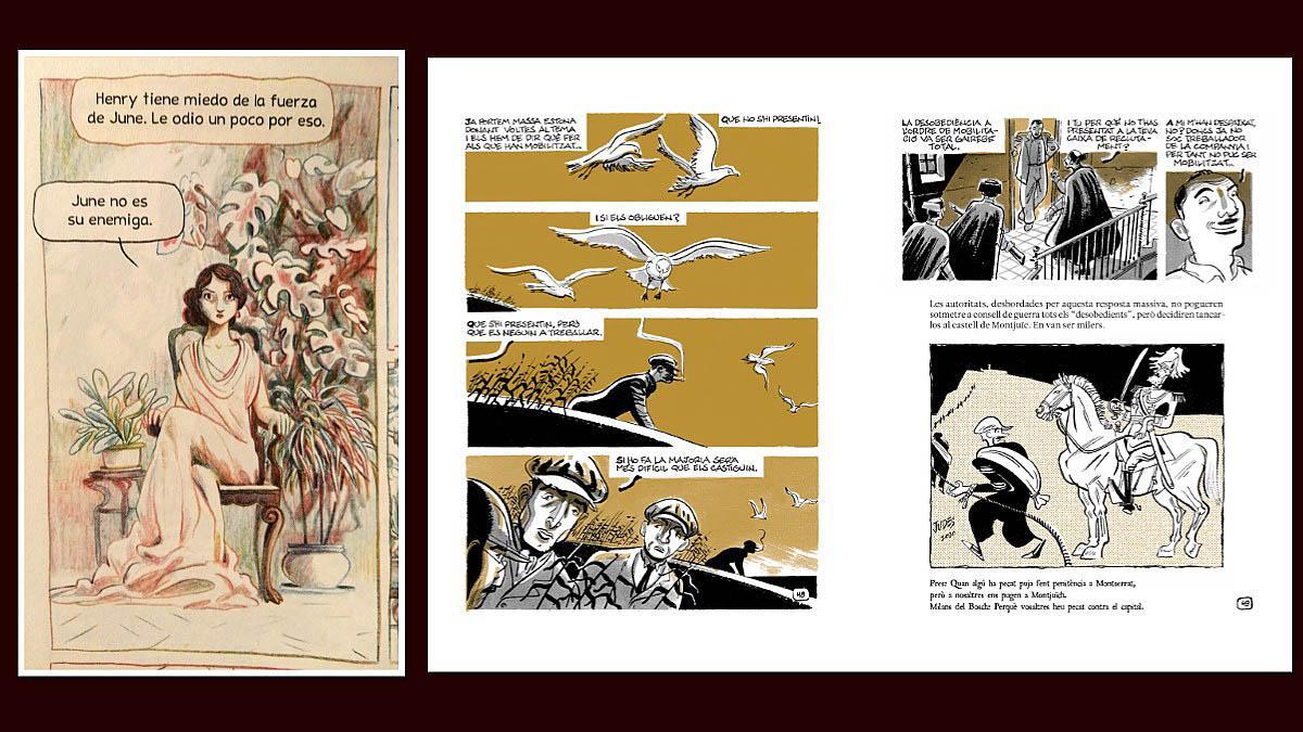 Viñeta de 'Anaïs Nin', de Leónie Bischoff (izquierda) y doble página de '8HORES', de Pepe Gálvez y Alfonso López.
