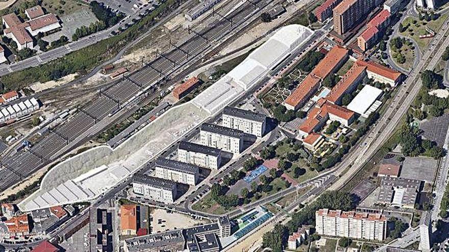 Con sombra y contorno blancos, ámbito de avenida do Ferrocarril junto a la estación intermodal, donde se prevén viviendas.