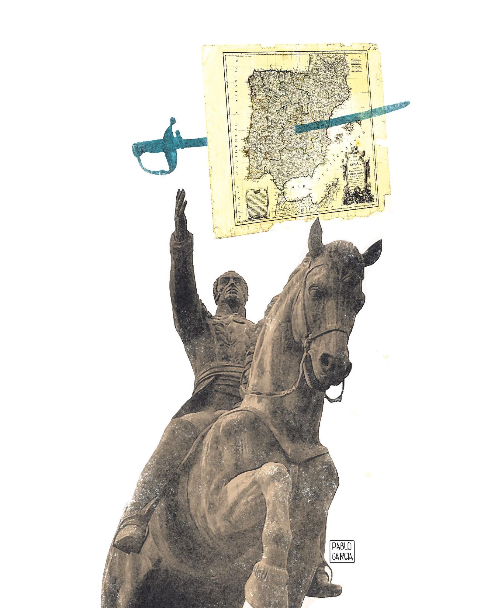 Estatua de Simón Bolívar y su espada atravesando España