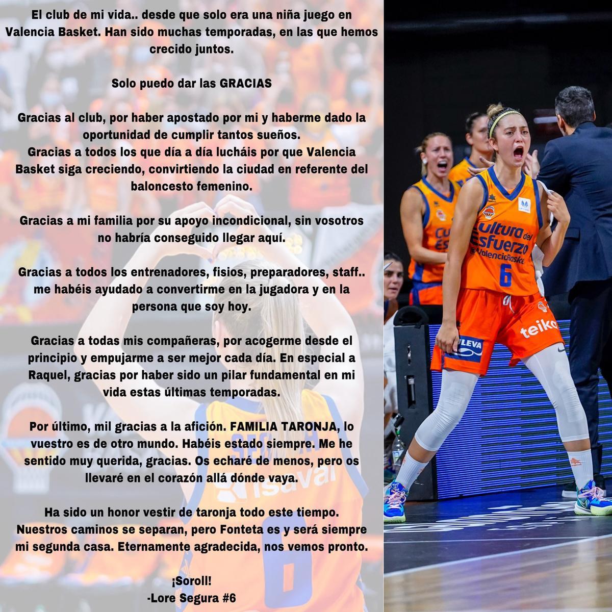 Carta de despedida del Valencia Basket de Lorena Segura