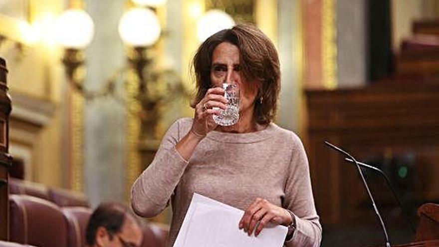 Teresa Ribera bebe agua antes de su intervención en el Congreso.