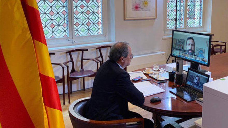 El president de la Generalitat, Quim Torra, en una compareixença telemàtica.