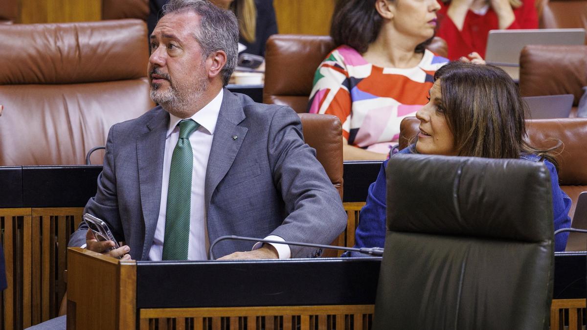 El líder del PSOE andaluz, Juan Espadas, y la portavoz adjunta, Ángeles Férriz,  en el Parlamento de Andalucía.