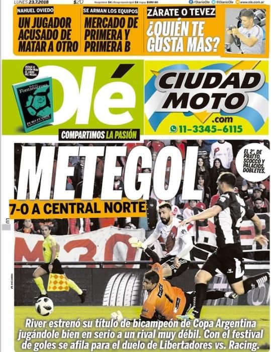 Portada OLÉ lunes 23 de julio de 2018