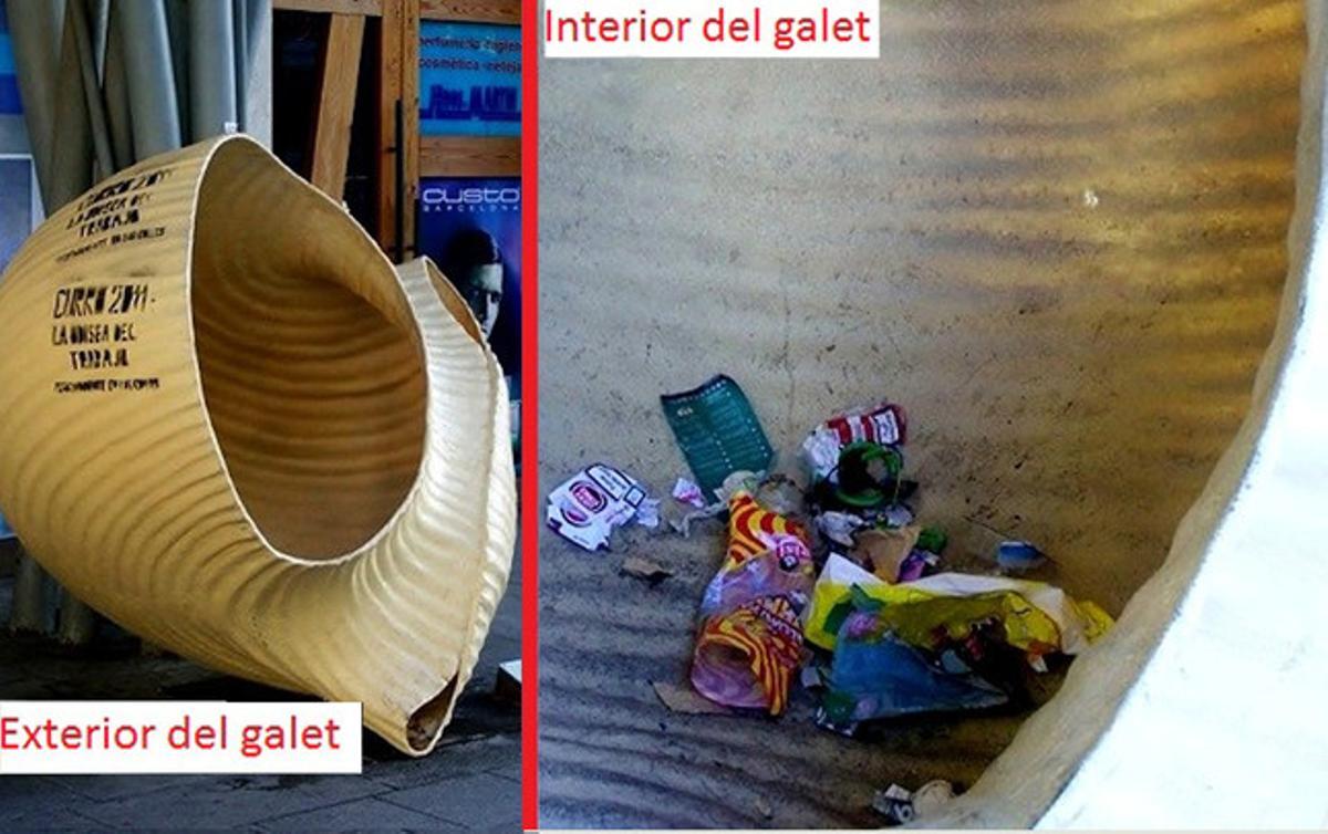 Adorn usat com a contenidor. Aquest Nadal van tornar els galets gegants a les portes dels mercats municipals de Barcelona. La sopa feta amb aquesta pasta representa molt bé la cuina tradicional catalana, però alguns ciutadans consideren que quan surt al carrer en forma d’adorn serveix també de contenidor. Les imatges mostren un galet del mercat de Santa Caterina vist per fora i per dins, ple d’escombraries. ¿És que no hi ha papereres?