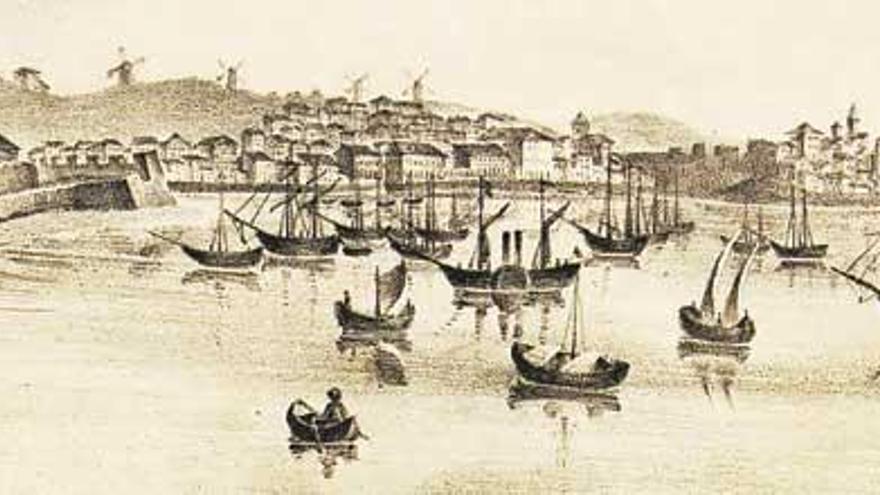 El puerto de A Coruña a principios del siglo XIX, cuando estaba en su apogeo la trata de negros.