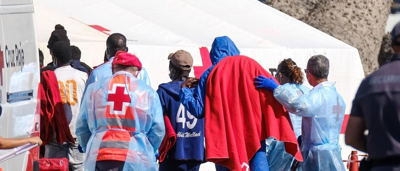 Voluntarios de Cruz Roja atienden a un grupo de migrantes que desembarcaron en Arguineguín.