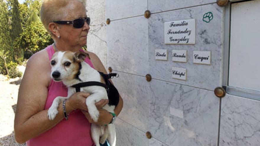 Una visitante con su perro contempla el columbario donde está sepultado un hombre, incinerado, con sus cuatro perros, ayer.