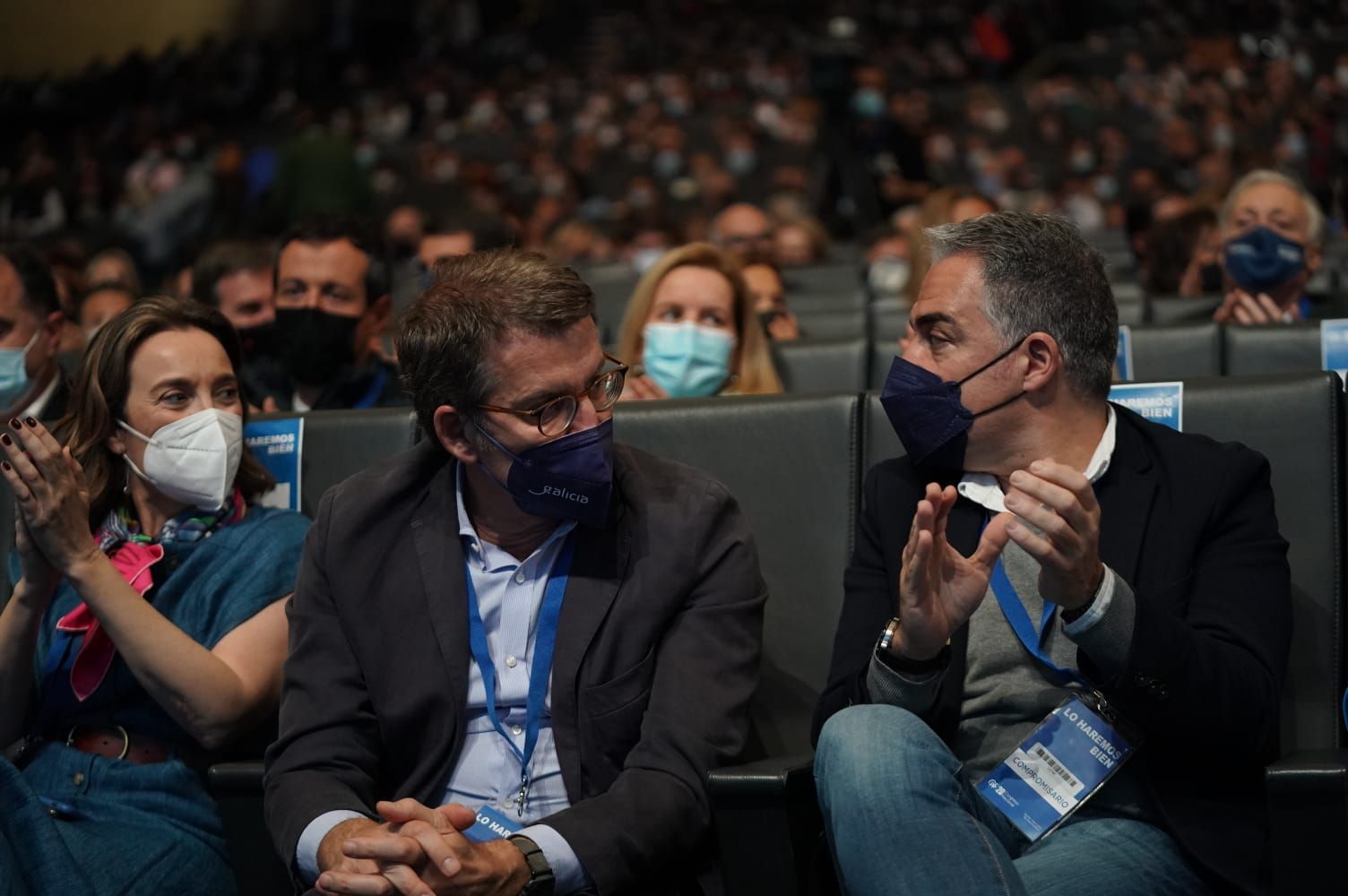 Elías Bendodo, junto a Feijóo y Cuca Gamarra en el XX Congreso Nacional del Partido Popular.