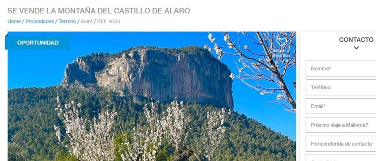 Die Immobilienanzeige für den Berg des Castell d&#039;Alaró.