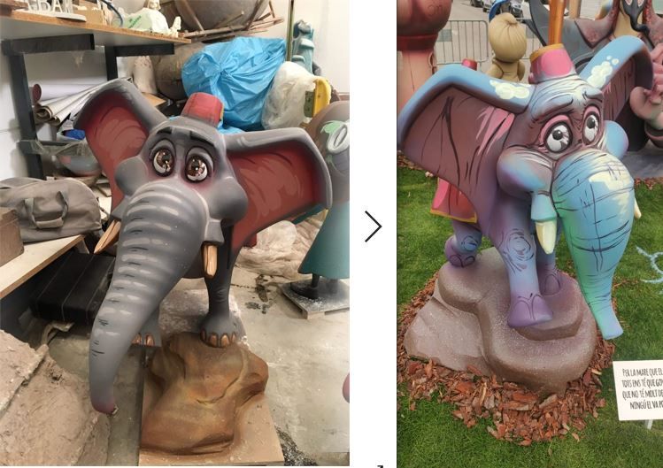 A la derecha, elefante que vieron en el taller y, a la izquierda,  el que les han plantado.