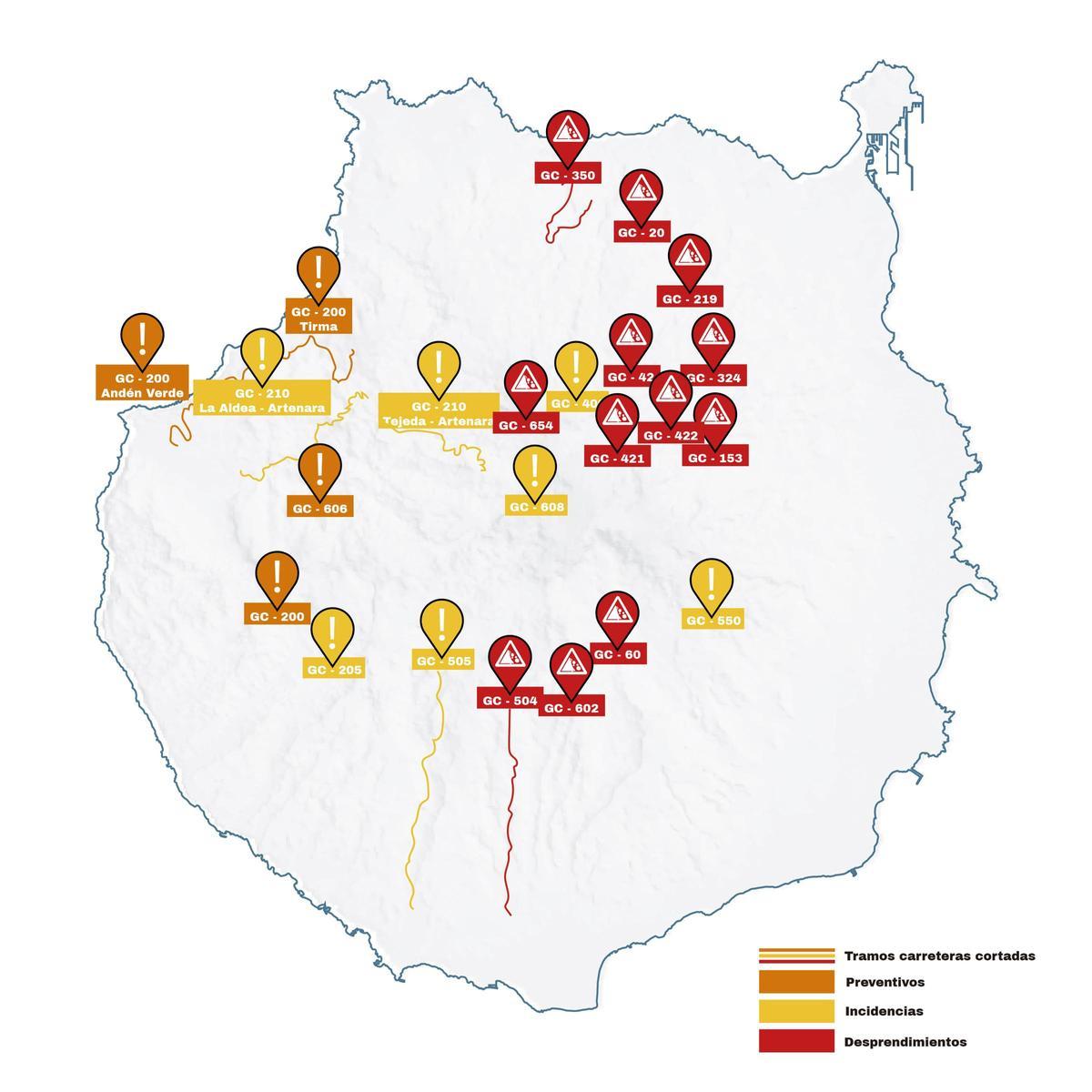 Mapa de las carreteras cortadas en Gran Canaria afectadas por la borrasca Therese
