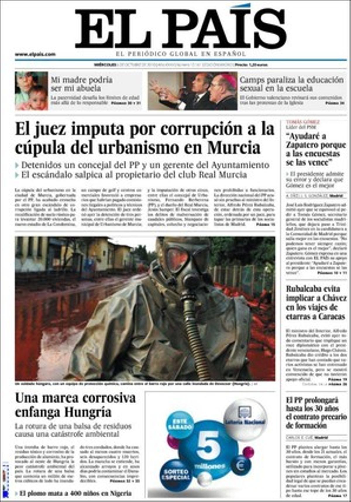 A dins, ’El País’ destaca que els miners de Xile es preparen per afrontar la vida a la superfície, que el PSOE i el PP han tancat durant els últims dies inusuals acords per reformar la llei orgànica del Tribunal Constitucional i retocar la llei general electoral, que Miguel Angel Fernández Ordóñez proposa que es fixi un límit de despesa a les autonomies, que l’FMI acusa la banca de ser el taló d’Aquil·les de la recuperació, que Barcelona insta la fiscalia a investigar les webs antisistema, que l’exregidora barcelonina Itziar González exercirà l’acusació per la trama de Ciutat Vella, i que la nostra societat segueix endarrerint la maternitat.