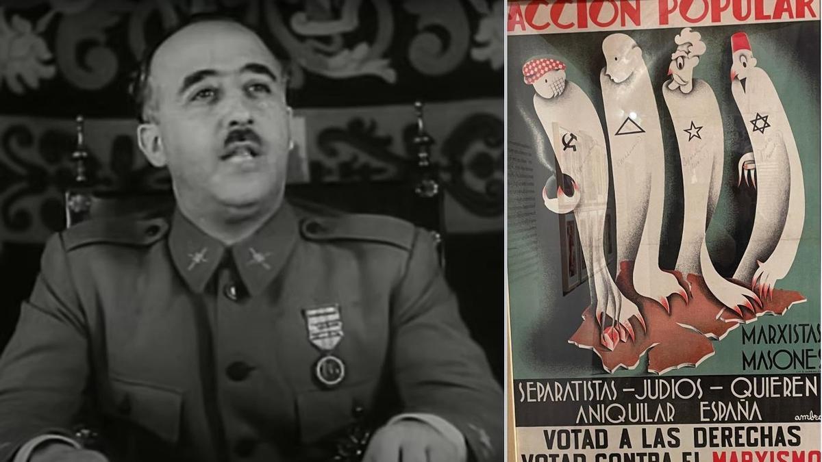 Francisco Franco en Salamanca, en 1937, y cartel electoral impreso en la República