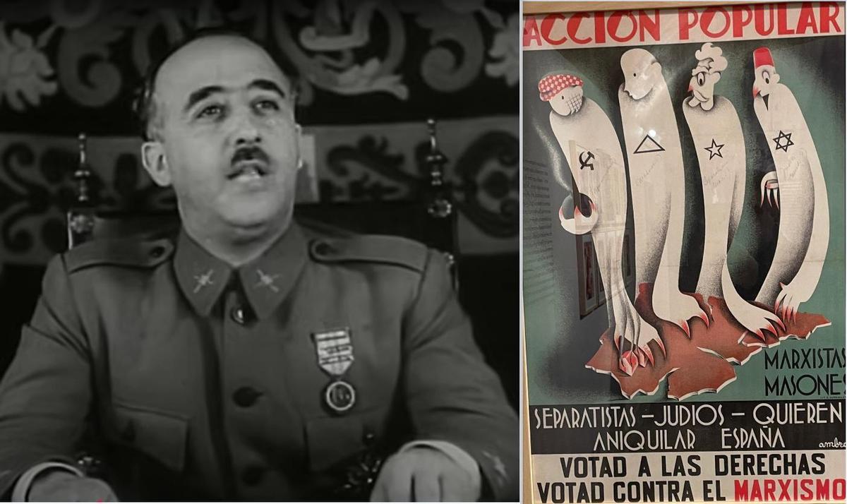 Francisco Franco en Salamanca, en 1937, y cartel electoral impreso en la República
