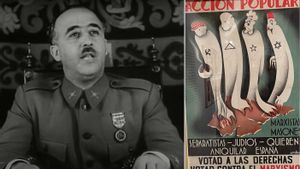 Francisco Franco en Salamanca, en 1937, y cartel electoral impreso en la República