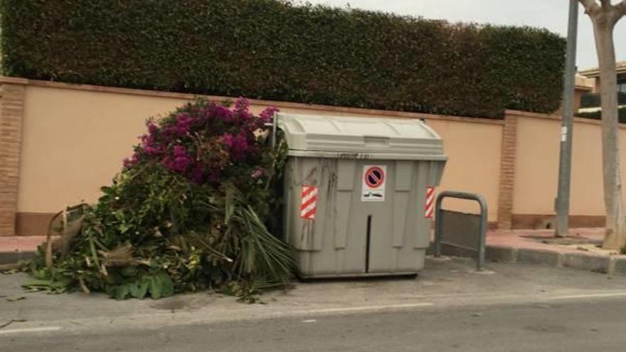 Restos de poda junto a un contenedor en la partida Raval.