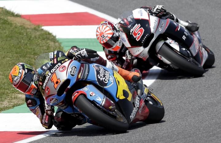 Kalex Moto 2 rider Rabat leads Zarco in the last lap during the Italian Grand Prix at the Mugello circuit