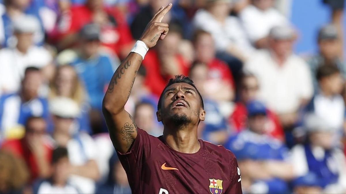 Paulinho celebra el gol que dio la victoria al Barça en Getafe.