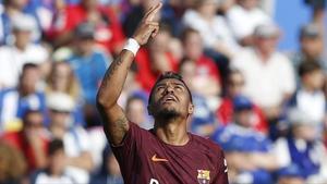 Paulinho celebra el gol que dio la victoria al Barça en Getafe.