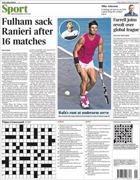 Portada THE TIMES SPORT viernes 1 marzo 2019