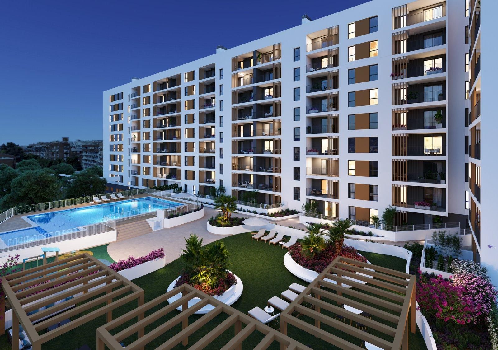 La promoción Habitat Infante, con sus terrazas, piscinas y zonas comunes.