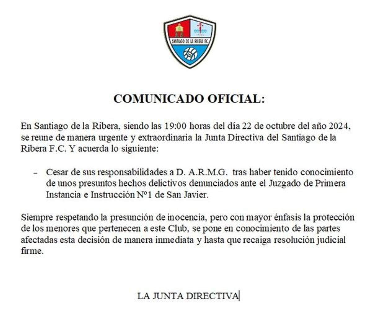 Comunicado del Santiago de la Ribera F.C.