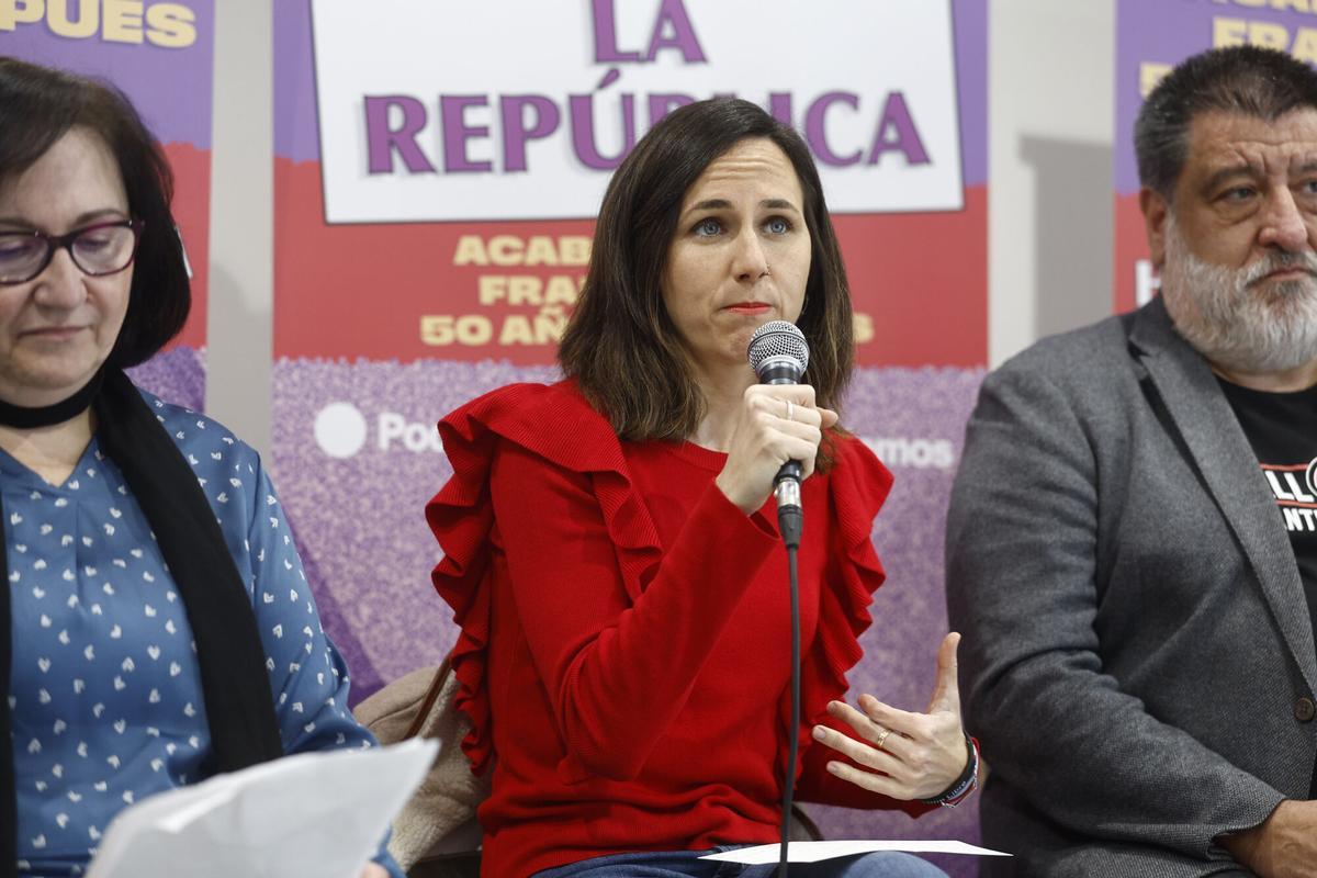 MADRID (ESPAÑA), 22/02/2025.-La líder de Podemos, Ione Belarra participa en el arranque de la gira 'Hacia la República, acabar con el franquismo 50 años después' en Madrid este sábado. EFE/ Rodrigo Jimenez