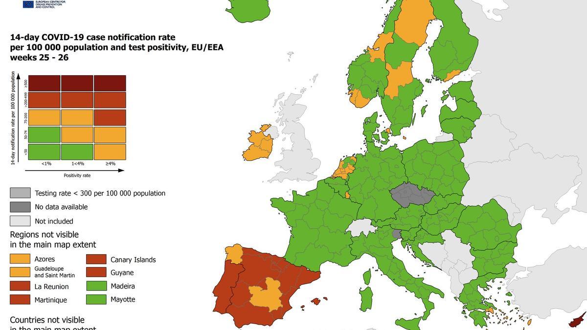 España, Portugal y Chipre, únicos destinos en rojo por coronavirus en el mapa de la UE