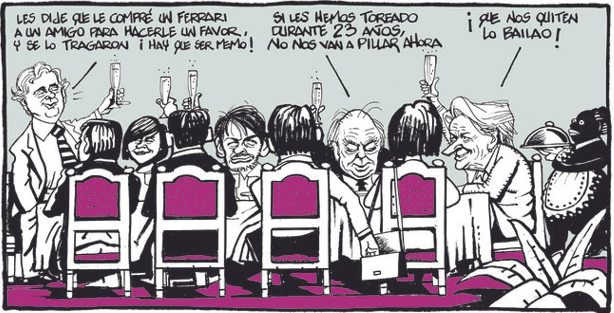 1 de marzo del 2015. El chiste de Ferreres caricaturiza a la familia Pujol festejando sus comparecencias en la comisión de investigación.