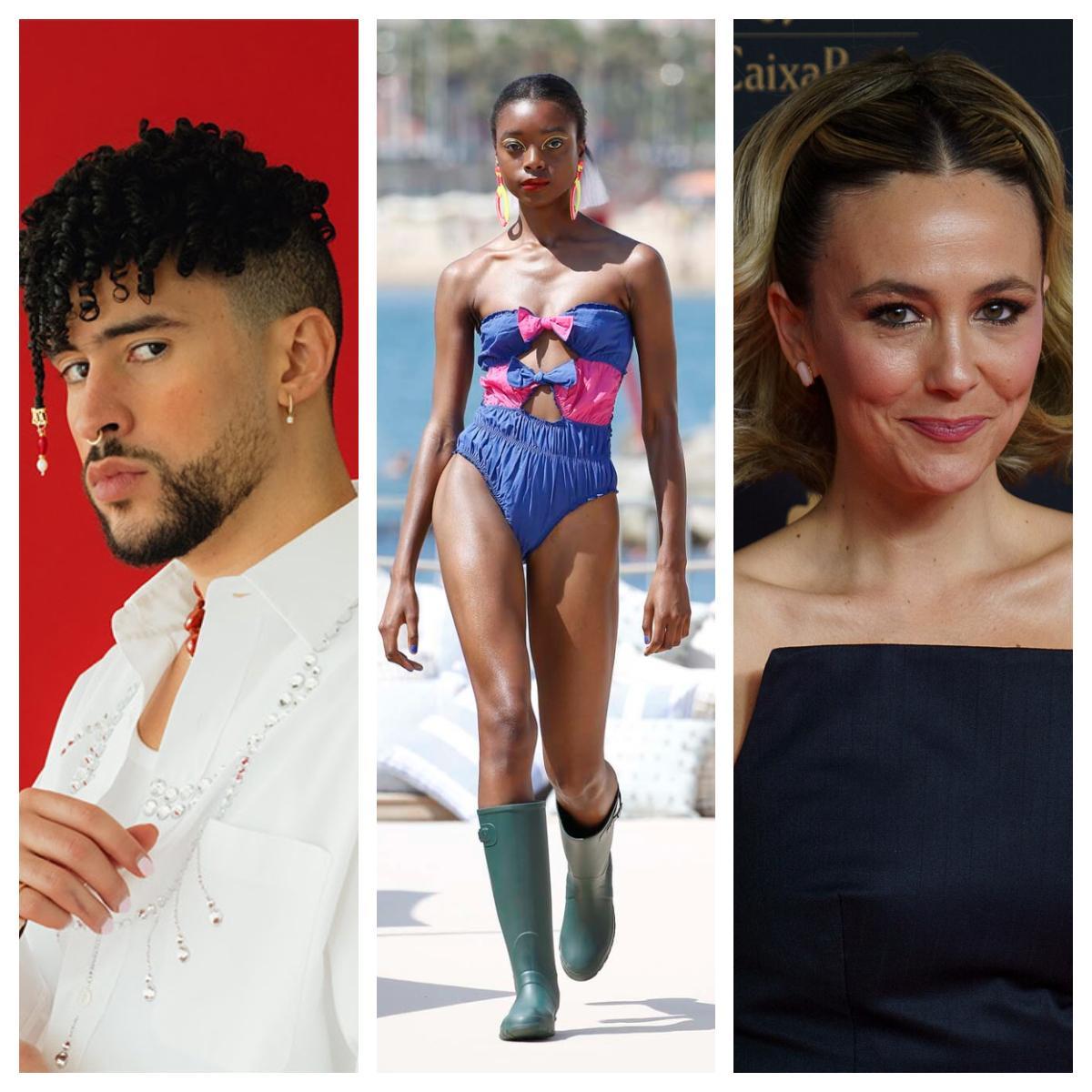 Bad Bunny (actuará el 22 y 23 de mayo), imagen de archivo de un desfile en la playa de Barcelona y Rigoberta Bandini, que presentará los Goya en febrero.