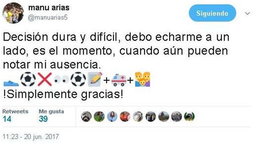 Tweet con el que Manu Arias confirmaba su retirada.