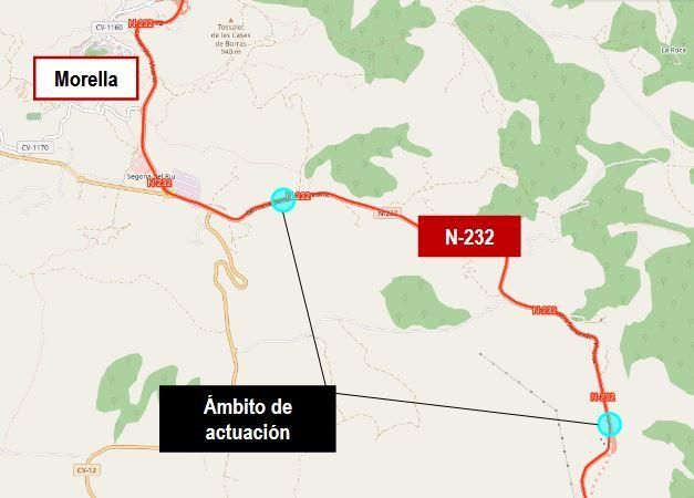 Mapa de actuación para culminar las obras pendientes en la N-232, en Morella