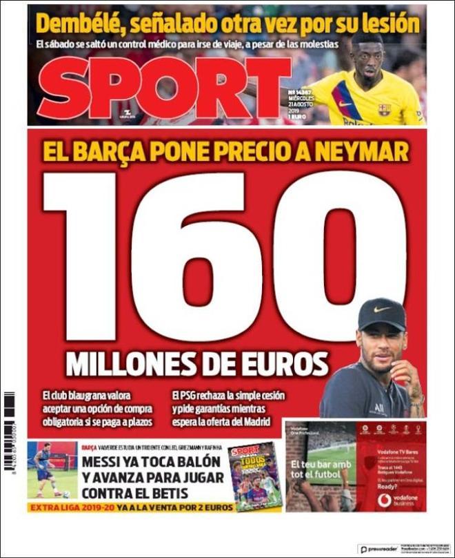 Portada de SPORT, del miércoles, 21 de agosto de 2019