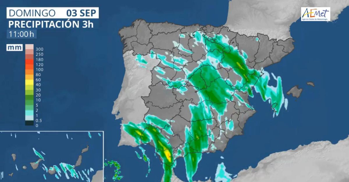 AEMET alerta de fuertes precipitaciones este domingo 3 de septiembre de 2023.