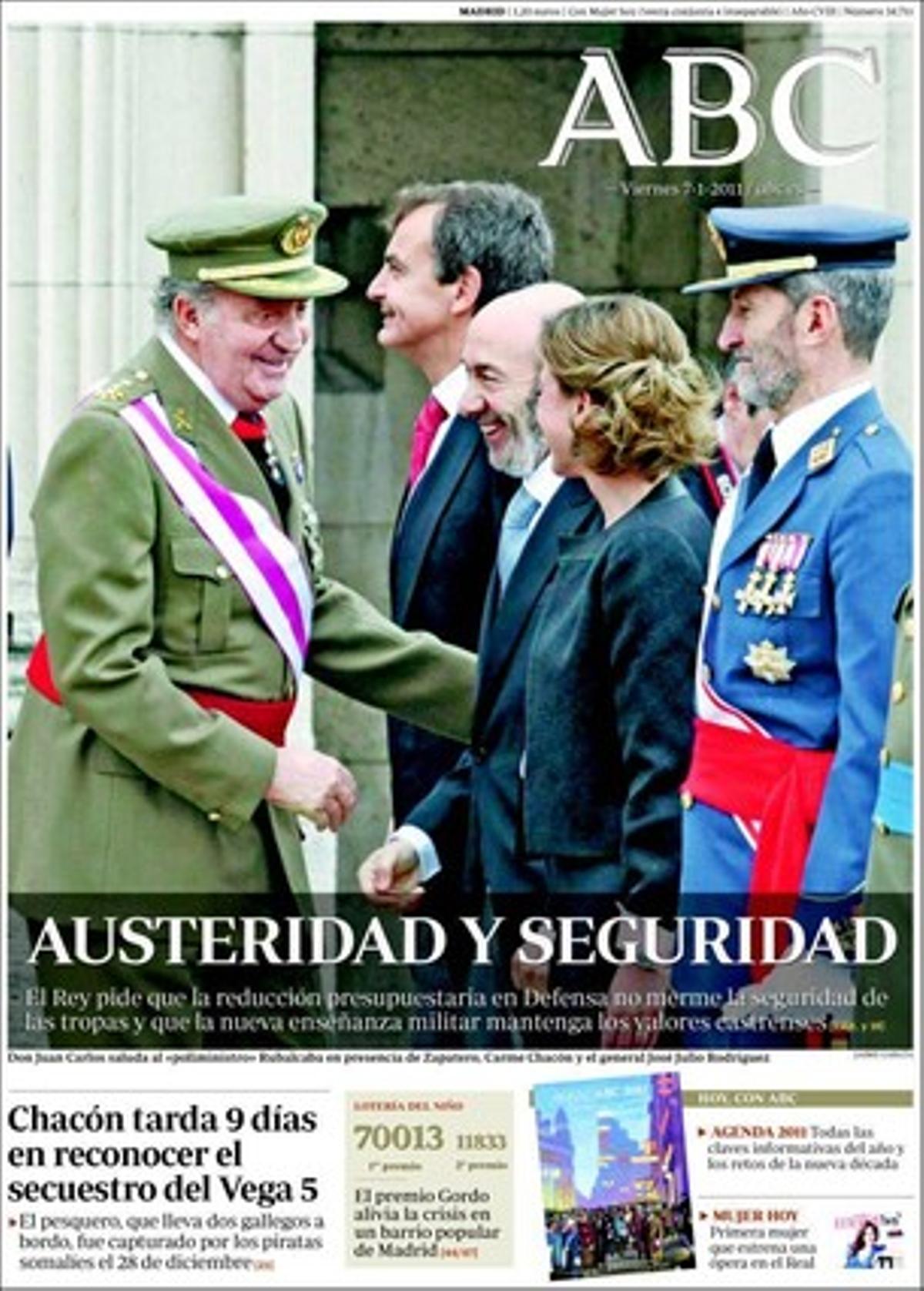 ’Abc’ dóna rellevància a més al fet que la UE qüestiona el procés de concessió de subvencions del Govern espanyol a les oenagés (900 milions el 2010) i li demana que el millori si vol homologar-lo amb els europeus; que a les Canàries examinen la petició d’asil de 16 sahrauís escapats de la repressió d’Aaiun i a les revoltes a Algèria i Tunísia per la pujada dels preus i l’atur; que l’activitat aèria espanyola supera les xifres prèvies a la crisi, i que les caixes d’estalvis espanyoles buscaran capital a l’Àsia