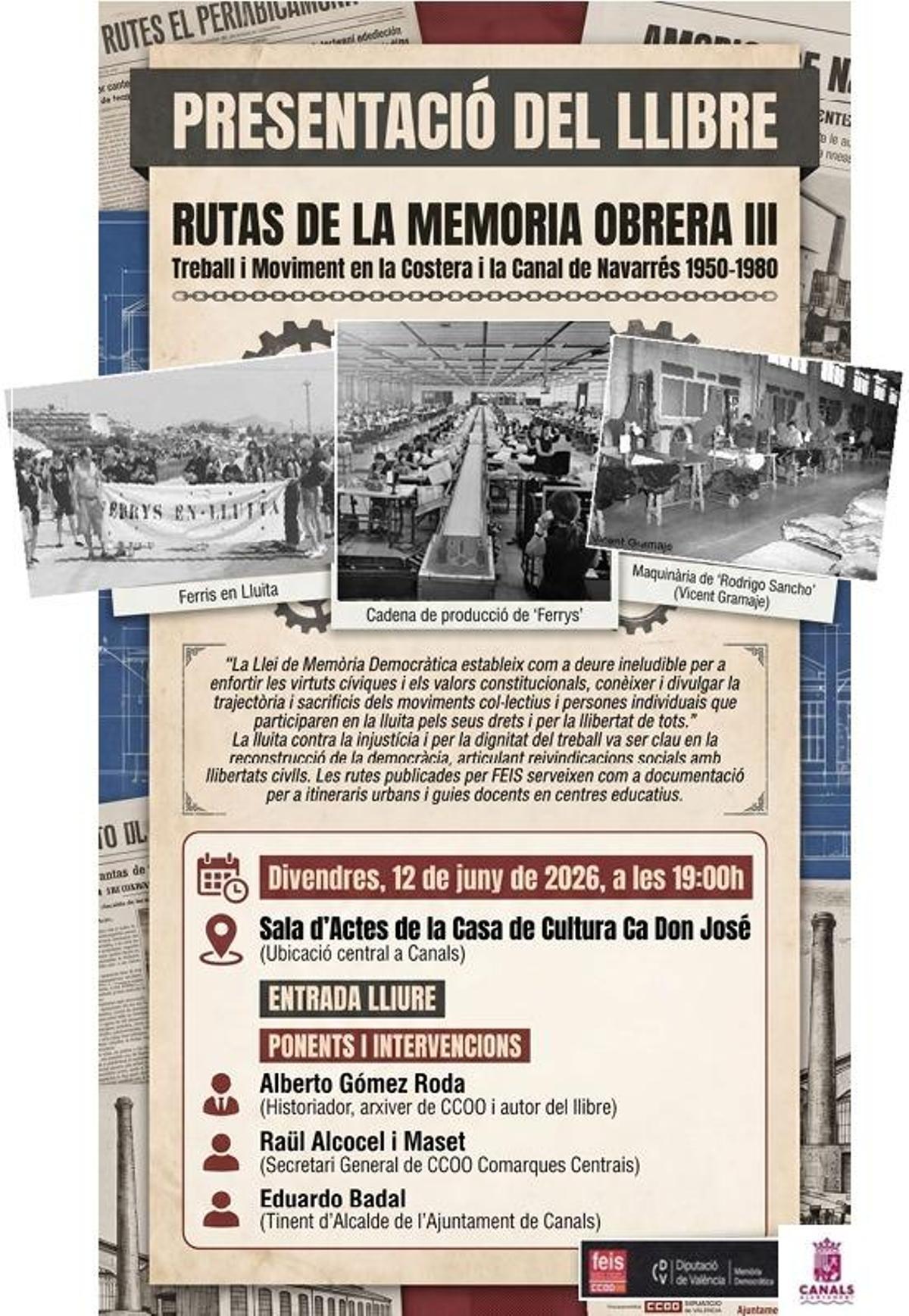 Cartel de la presentación del libro "Rutas de la Memoria Obrera III", en Canals.