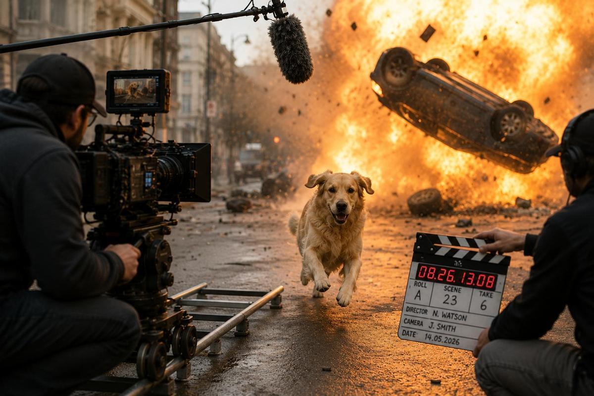Un perro es una escena de acción durante un rodaje.