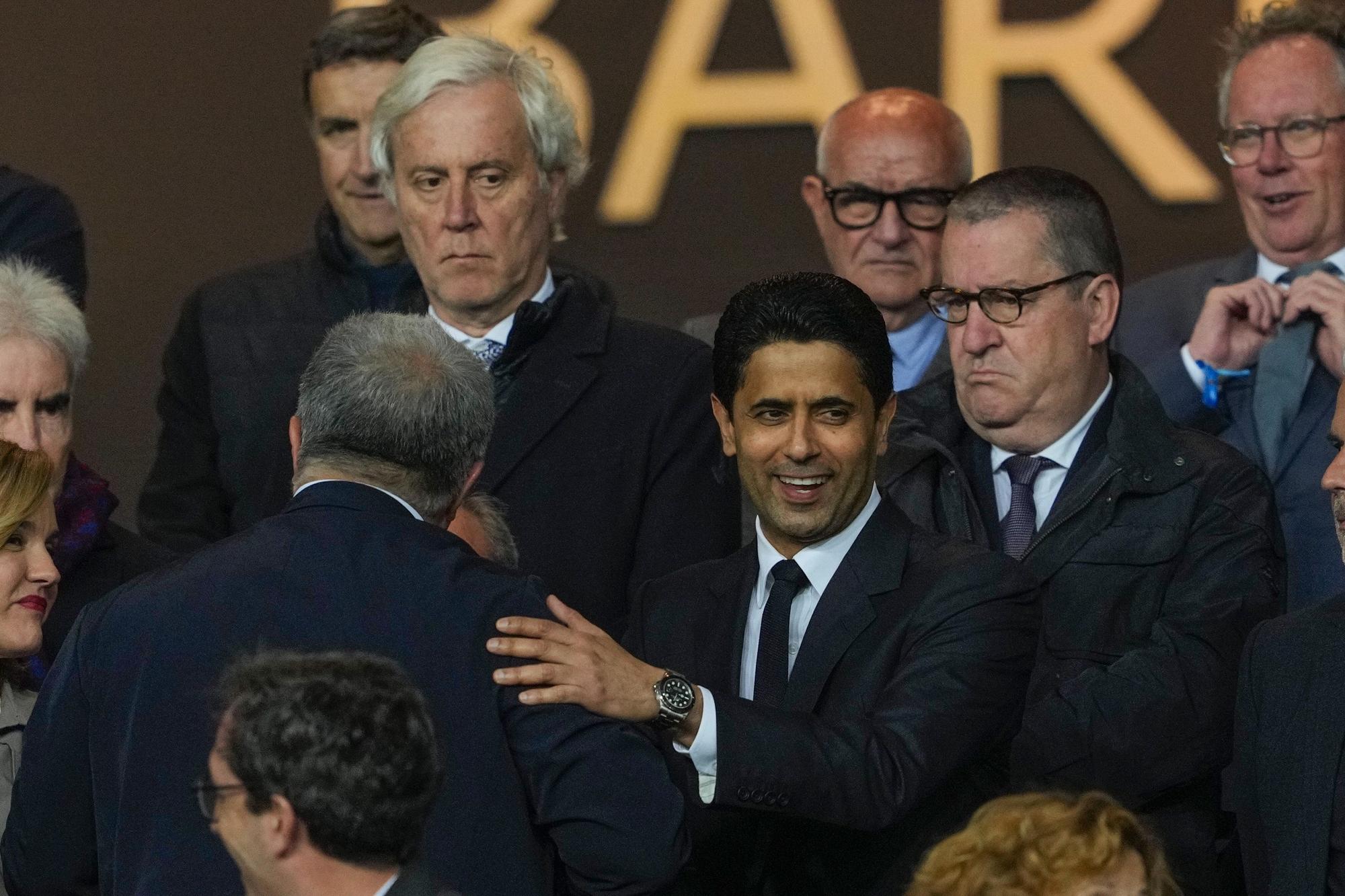 PSG's president Nasser Al-Khelaifi (C) attends the UEFA Champions League quarter finals second leg soccer match between FC Barcelona and Paris Saint-Germain, in Barcelona, Spain, 16 April 2024. EFE/ Alejandro Garcia