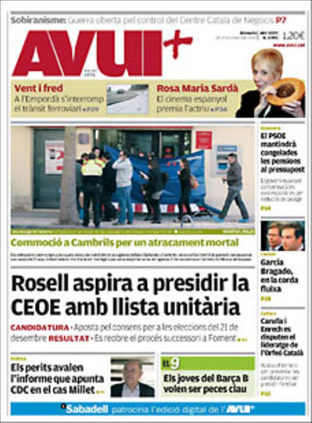 A les pàgines interiors ’Avui’ destaca que els responsables de seguretat de les dues ribes del Mediterrani han analitzat a Barcelona com afrontar el repte que planteja Al-Qaida del Magrib islàmic, que les baixes laborals d’han reduït a Catalunya un 7%, sobretot entre els treballadors joves, i que el Govern municipal de Barcelona no pot aprovar les seves conclusions sobre la investigació del cas de l’hotel del Palau.