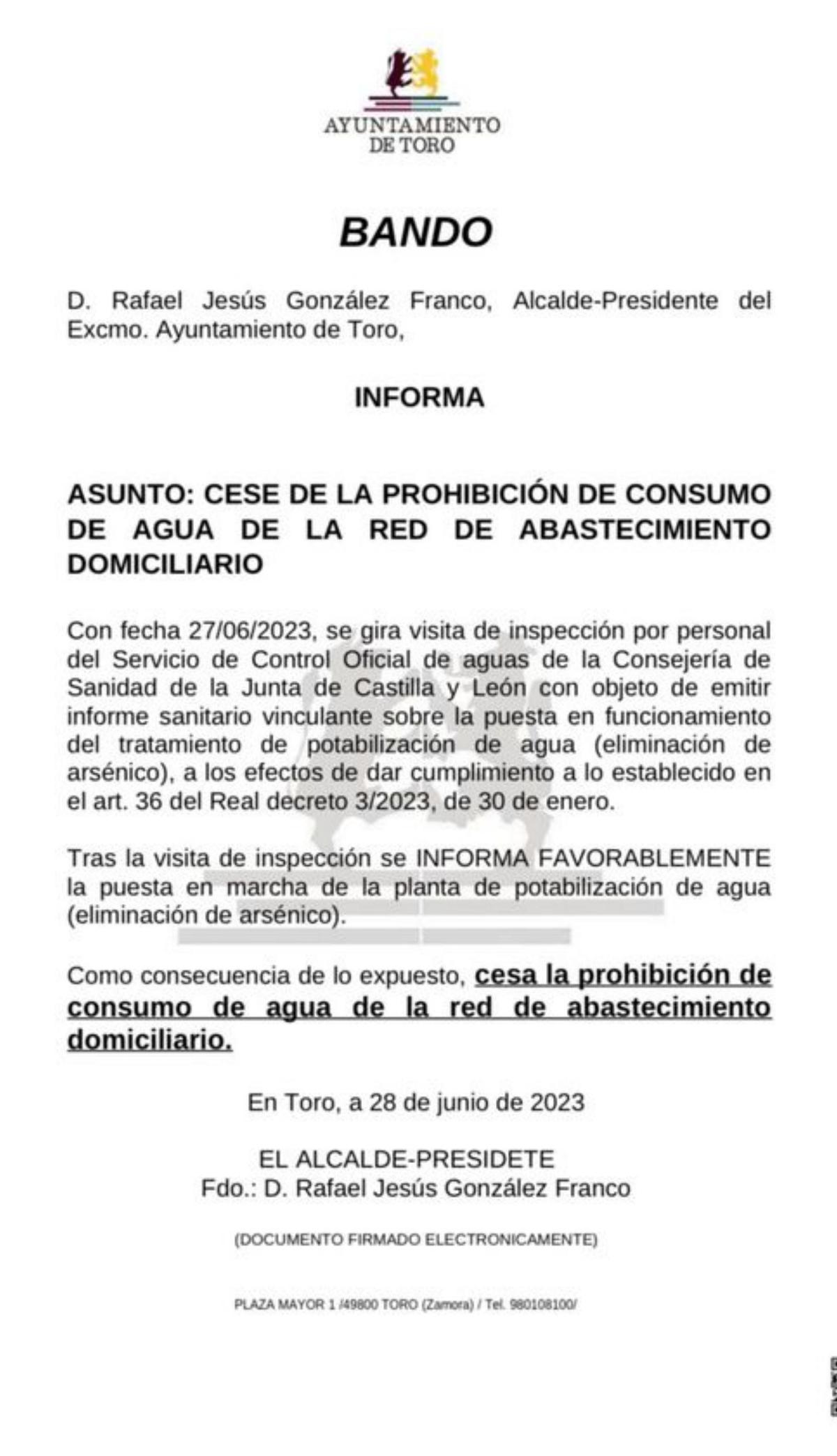 Bando de Alcaldía que levanta la prohibición de consumir agua. | Ayto. de Toro