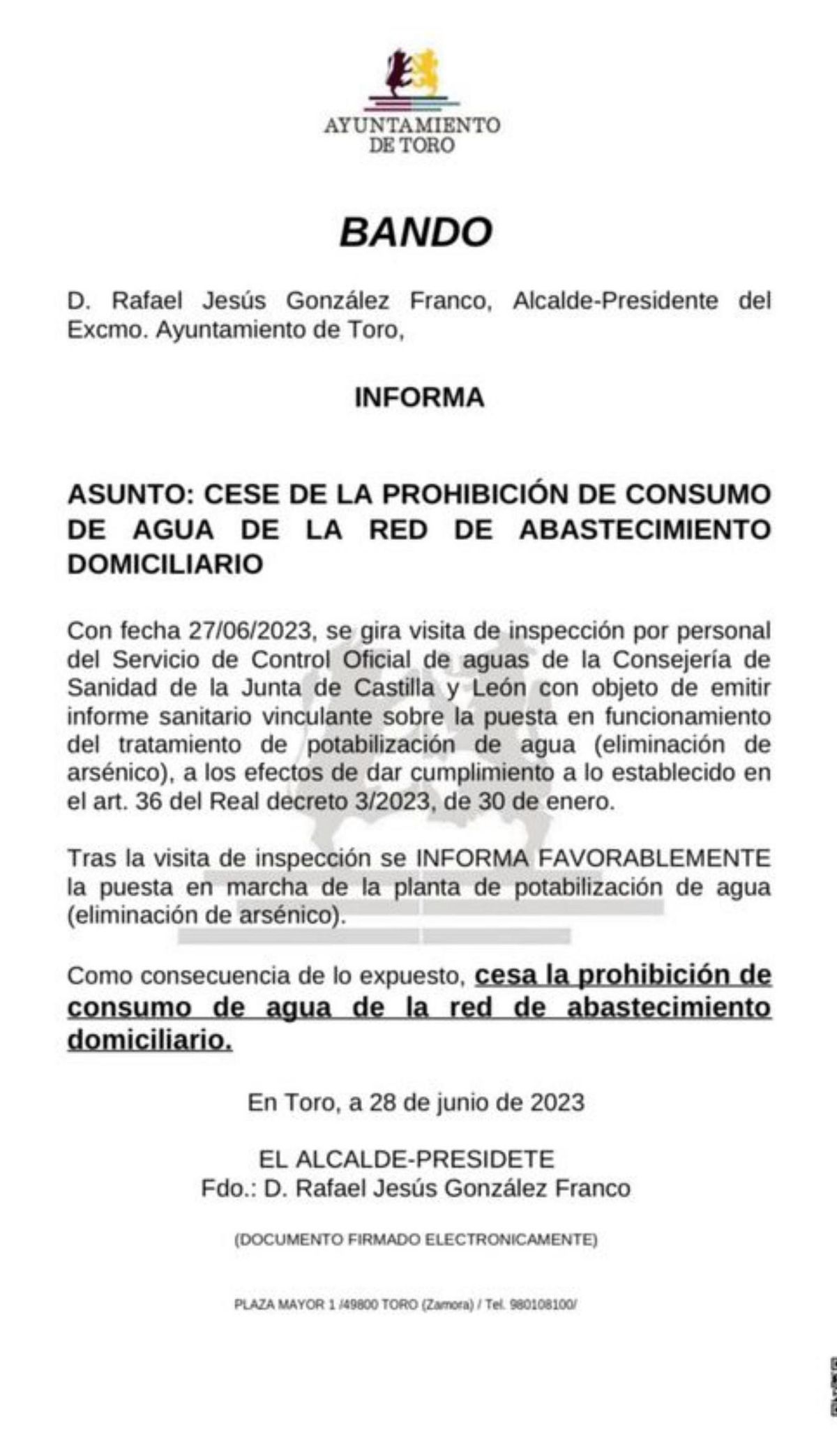 Bando de Alcaldía que levanta la prohibición de consumir agua. | Ayto. de Toro