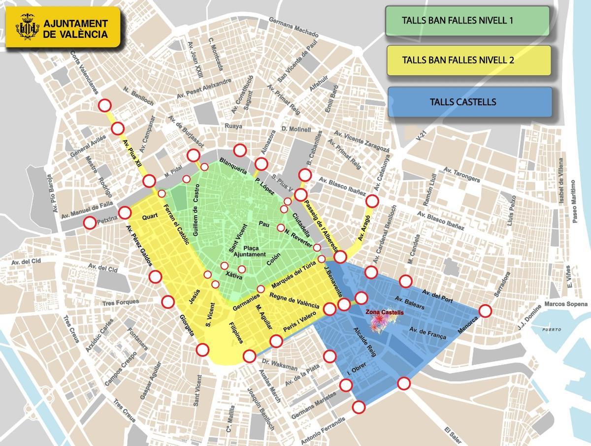 Mapa con los cortes al tráfico rodado durante las Fallas 2023 en València.