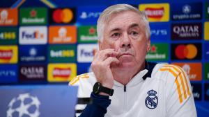 26 November 2024, United Kingdom, Liverpool: Real Madrid manager Carlo Ancelotti attends a press conference at Anfield, ahead of Wednesdays UEFA Champions League soccer match against Liverpool. Photo: Peter Byrne/PA Wire/dpa 26/11/2024 ONLY FOR USE IN SPAIN. Peter Byrne/PA Wire/dpa;Sports;soccer;football;sports;UEFA Champions League - Real Madrid press conference