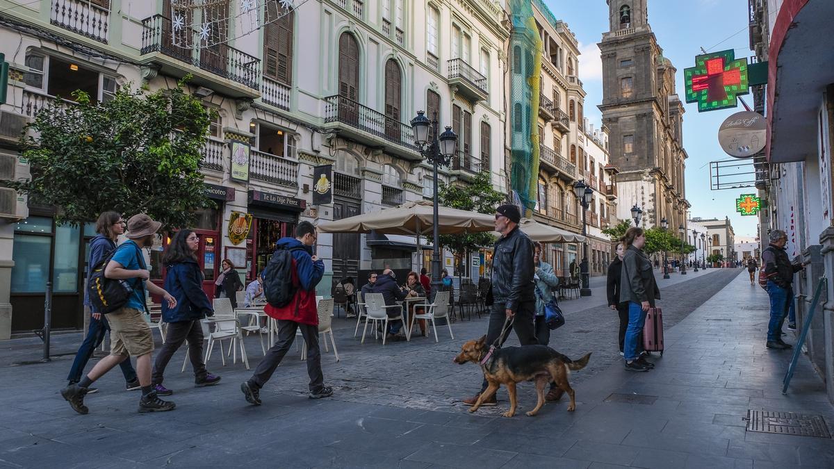 Una persona pasea un perro en la calle Obispo Codina, junto a las terrazas.