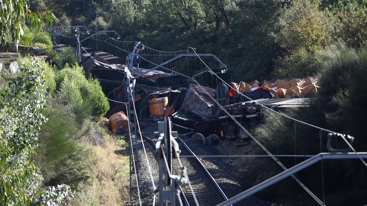 Imagen del tren descarrilado en As Neves el pasado sábado.