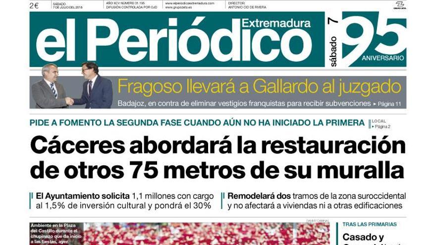 Esta es la portada de EL PERIÓDICO EXTREMADURA correspondiente al día 7 de julio del 2018