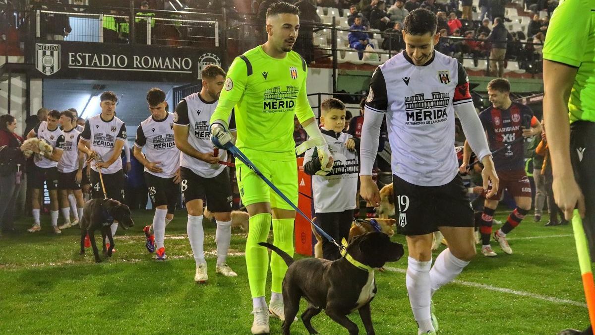 Los jugadores del Mérida salieron al césped el pasado viernes acompañados por perros.