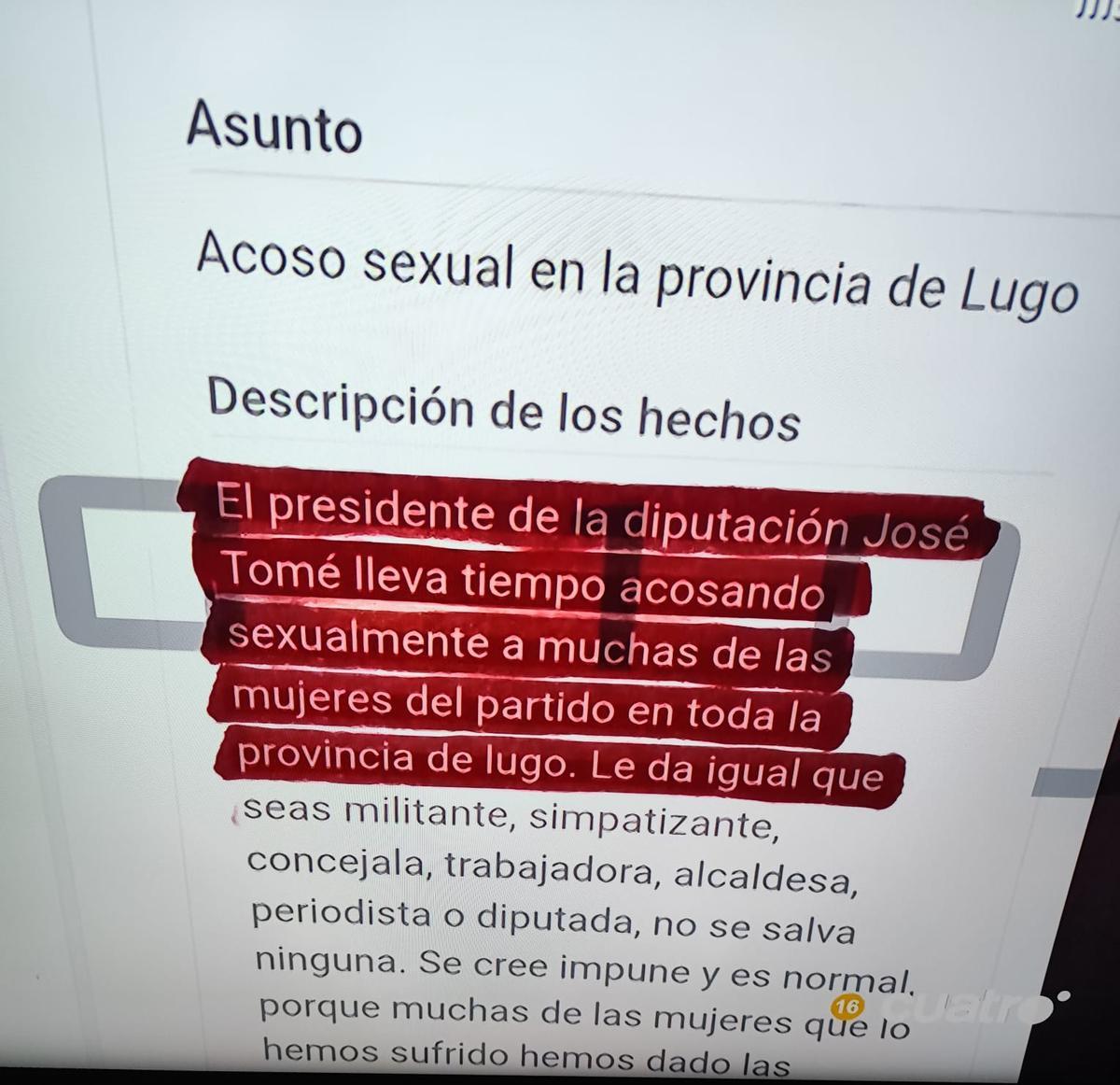 Extracto de una de las denuncias reveladas este martes por el programa «Código 10» emitido por la cadena Cuatro.