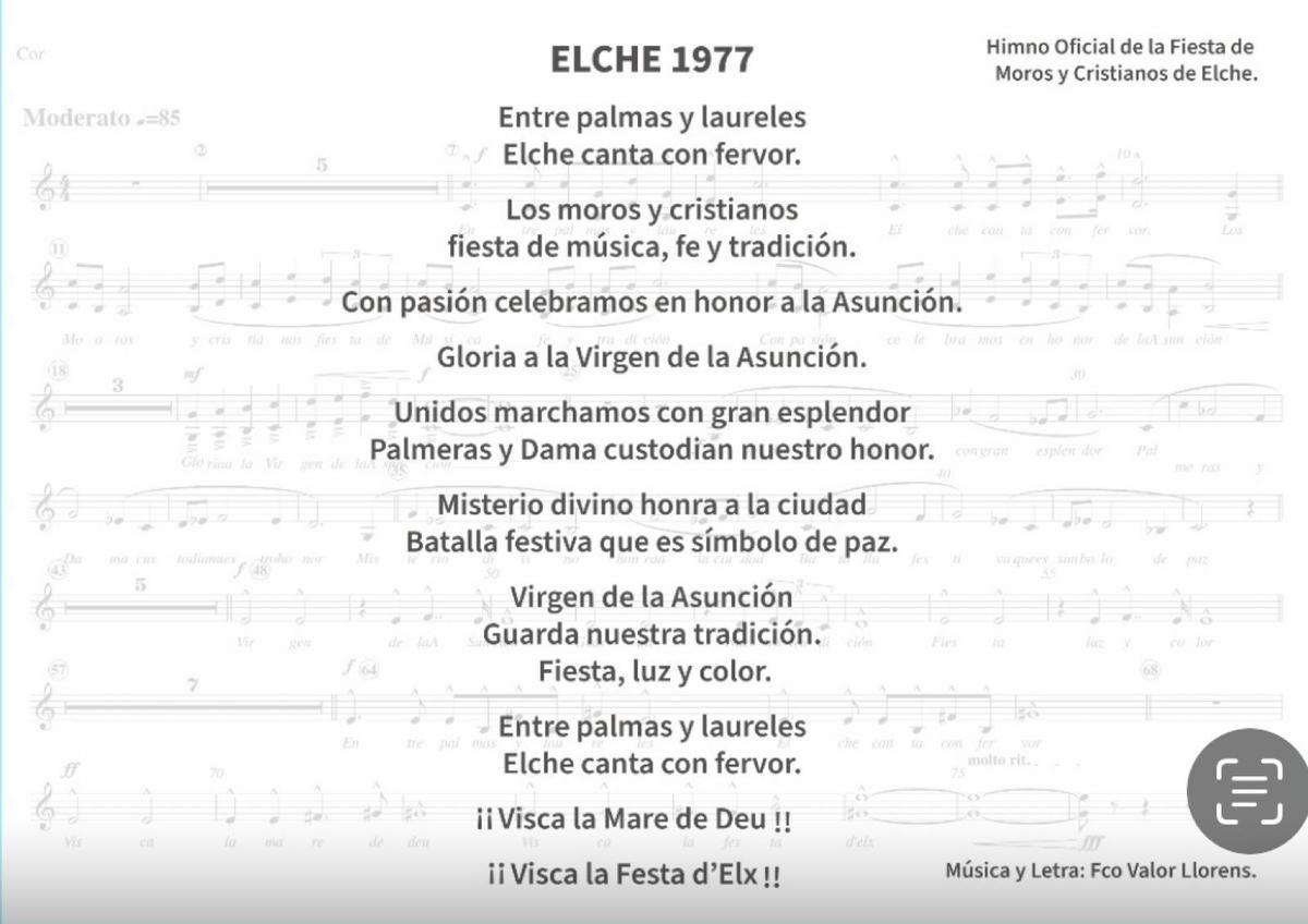 Letra del himno que se ha compuesto para las fiestas de Moros y Cristianos de Elche